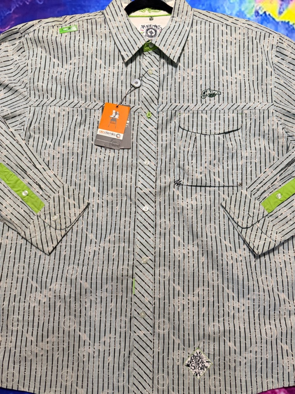 Akademiks White Button-Down Shirt with Black Stripes and Lime Accents
